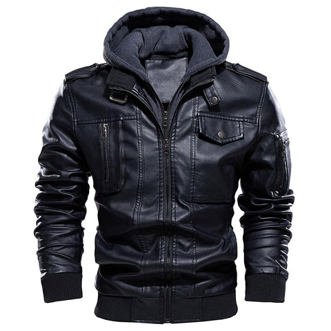 Warm Motorcycle Faux Leather Jacket with Hood