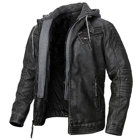 Men's Faux Leather Jacket with Removable Hood